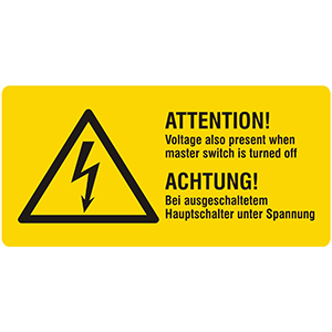 Warning Label: Attention! Voltage also Present when Master Switch is Turned off