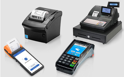 Various devices using thermal paper rolls, including a receipt printer, a cash register, a mobile device, and a card reader.